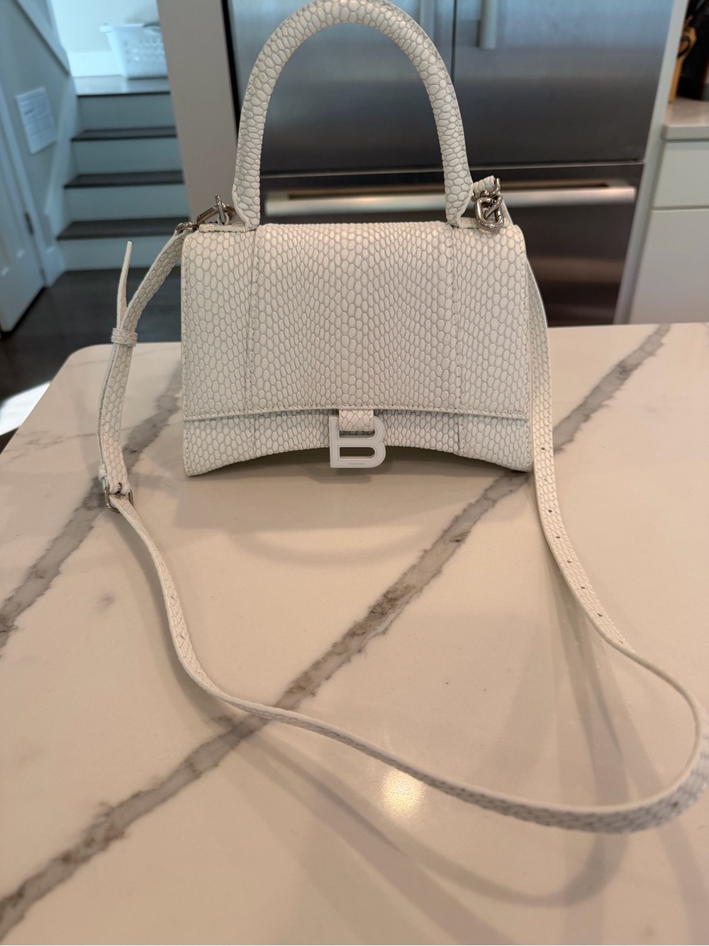 Balenciaga White Textured Hourglass Mini Top Handle Bag